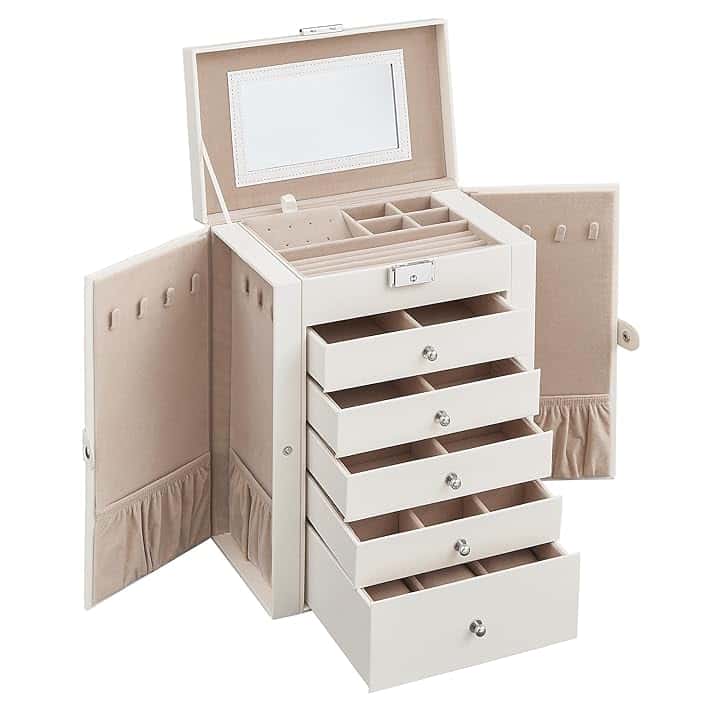 SONGMICS SONGMICS Scatola Portagioie a 6 livelli, Porta Gioielli con 5 Cassetti, Capiente, con Specchio Interno, Chiusura a Chiave, Cofanetto Portagioie, Idea Regalo, per Orologi, Bianco JBC152W01 The Forest Stewardship Council