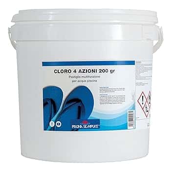 Piscina Semplice - Cloro 4 Azioni Kg.10 - nuovo prodotto multifunzione SENZA RAME in past. 200gr: alghicida, clorante, stabilizzante e schiarente