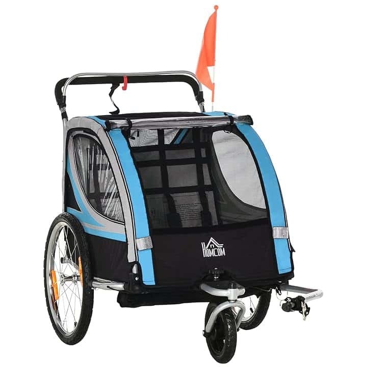 HOMCOM Rimorchio Bici per Bambini e Passeggino, Design 2 in 1 con Freno, Cintura a 5 Punti, Carrello Rimorchio per Bicicletta con Tasche Laterali, Catarifrangenti e Bandierina