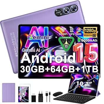 Android 15 Tablet 10 Pollici Gemini AI, Tablet PC Octa-Core, 30 GB RAM + 64 GB ROM (1TB TF), 3.5mm Audio/GMS/WiFi 6 & BT 5.0 / 6000mAh / GPS/Widevine L1,Tablets con Tastiera e Mouse-viola