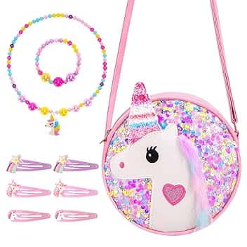 Hifot Hifot Unicorno Borsa Bambina Set Gioielli, Unicorno Borsetta Collana Bracciale Mollette per Capelli Accessori per Capelli per Ragazza, Principessa Vestire Gioielli Forniture per Feste