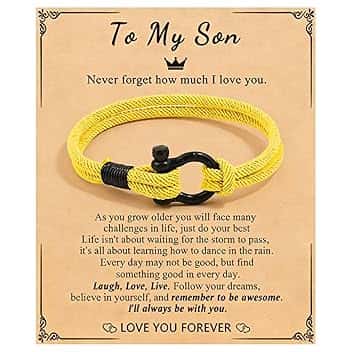 KOSLEOW Bracciale in Nera Artigianale per Figlio, Regalo Compleanno Ragazzi Anni, Regalo Ispirazionale Da Mamma e Papà, Con Targhetta, Braccialetto Personalizzato Uomo(YELLOW)