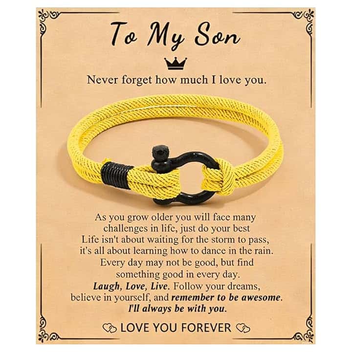 KOSLEOW Bracciale in Nera Artigianale per Figlio, Regalo Compleanno Ragazzi Anni, Regalo Ispirazionale Da Mamma e Papà, Con Targhetta, Braccialetto Personalizzato Uomo(YELLOW)