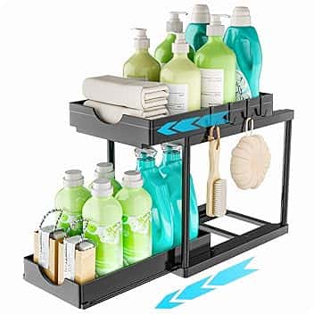 ARSTPEOE Organizer Sottolavello Cucina - Cassetto Estraibile, Scaffale Cucina a 2 Livelli, Mobile Sottolavello con Ganci, Organizer Cassetti, Nero, 1 Pezzi