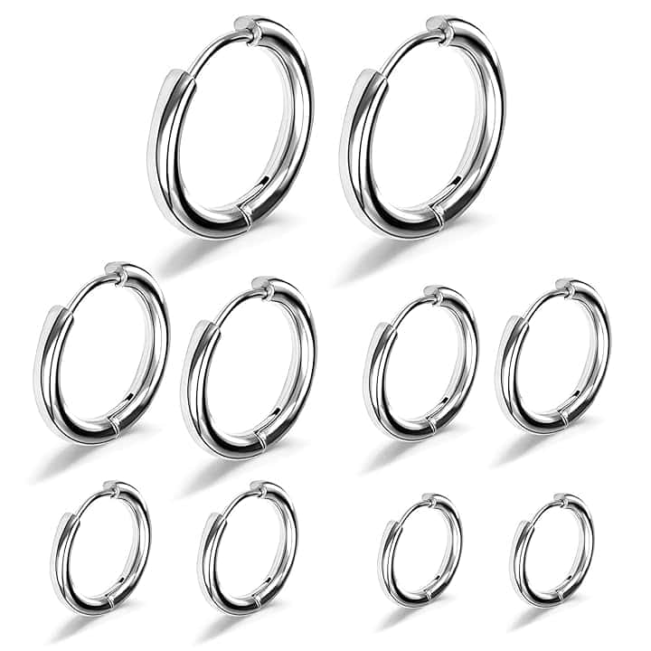 Leikedun 5 Paia Orecchini Uomo Cerchio, Orecchini a Cerchio per Donne, Orecchini Acciaio Inossidabile per Cartilagine Senza Fine 8 mm/10 mm/12 mm/14 mm/16 mm, Argento