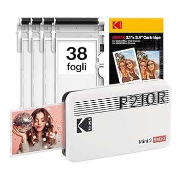 KODAK Mini 2 Retro 4PASS Stampante Fotografica Portatile (5.3x8.6cm) + Pacchetto con 38 Fogli, Bianco