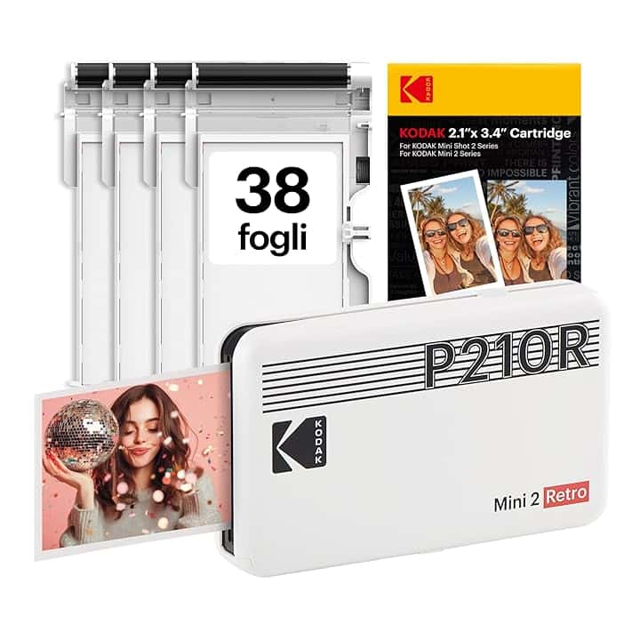 KODAK Mini 2 Retro 4PASS Stampante Fotografica Portatile (5.3x8.6cm) + Pacchetto con 38 Fogli, Bianco