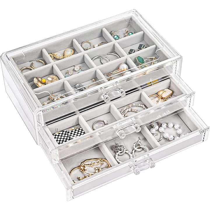 ProCase ProCase Porta Orecchini Organizer, Porta Gioielli da Cassetto con Divisori Regolabili, Porta Orecchini Chiuso da Camera, Vassoi per Gioielli Anelli Orecchini 3 Strati - Grigio