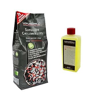 1 biscotto LotusGrill Superior BBQ da 3 kg + 1 pasta combustibile LotusGrill da 500 ml – CO2 neutro, si accende rapidamente, tempo di combustione