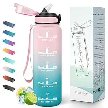 Borraccia con Cannuccia, 1 Litro BPA Free, Borraccia Palestra, Scala Temporale, Borracce Motivazionale, con Bocca Larga e Coperchio Antigoccia, Bottiglia Acqua, Ideale per Scuola, Ufficio, Palestr