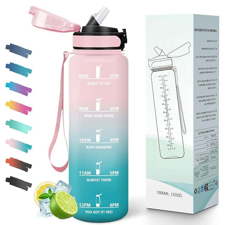 Borraccia con Cannuccia, 1 Litro BPA Free, Borraccia Palestra, Scala Temporale, Borracce Motivazionale, con Bocca Larga e Coperchio Antigoccia, Bottiglia Acqua, Ideale per Scuola, Ufficio, Palestr