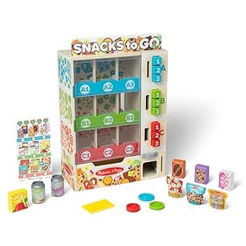 Melissa & Doug Set Il Distributore Automatico delle Merende in Legno - Macchina con Snack Finti, Monete e Tessere, Gioco Educativo di Imitazione, Idea Regalo Creativa per Bambini e Bambine, 3+