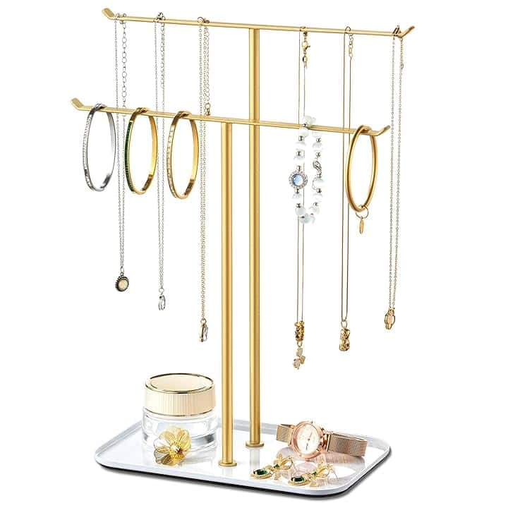 pickpiff pickpiff Espositore per gioielli con barra a T a 2 livelli con vassoio per riporre collane, bracciali, orecchini, cassettiera, lavabo da bagno, oro