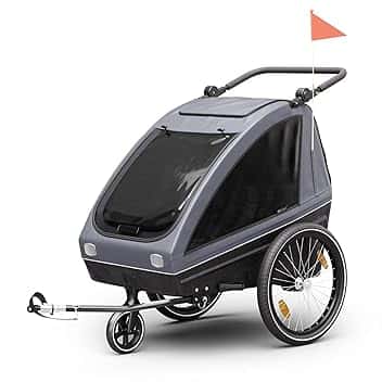 KLAR FIT GoKiddo Carrello per Bici - 2-in-1 Rimorchio Bicicletta & Passeggino con Freni, Cinture di Sicurezza, Sedili Regolabili, 40kg di capacità, Protezione Pioggia & UV, Pieghevole, Grigio Scuro
