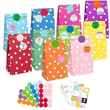 PAKNOR® Sacchetti di carta, 40 sacchetti regalo colorati con 96 adesivi, sacchetti di caramelle per confezionare regali, regali di compleanno per bambini, matrimoni, feste, ecc