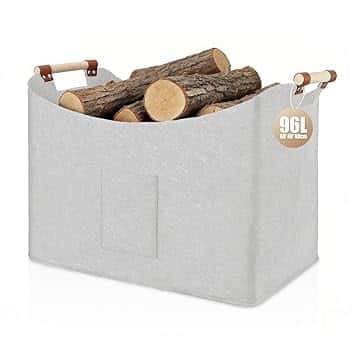 Cestino in Feltro 96L, Cesto per Legna, Cestino pieghevole per legna da ardere, in feltro extra spesso, manico rinforzato, per shopping, legno, giornali (1 Confezione - Grigio Chiaro)