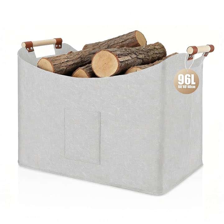 Cestino in Feltro 96L, Cesto per Legna, Cestino pieghevole per legna da ardere, in feltro extra spesso, manico rinforzato, per shopping, legno, giornali (1 Confezione - Grigio Chiaro)