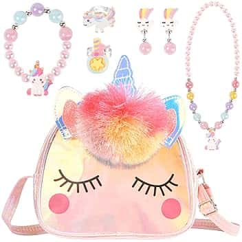 OSDUE Set di Gioielli per Unicorno Borsetta Bambina, Unicorno Peluche Borsetta Bambina, Set Gioielli Unicorno Accessori per Capelli Mollette per Capelli 3-6 Ragazze Arcobaleno Collana Bracciale Anello