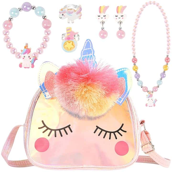 OSDUE Set di Gioielli per Unicorno Borsetta Bambina, Unicorno Peluche Borsetta Bambina, Set Gioielli Unicorno Accessori per Capelli Mollette per Capelli 3-6 Ragazze Arcobaleno Collana Bracciale Anello