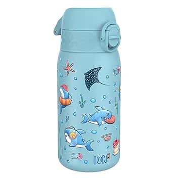Ion8 Borraccia Inox Leggero per Bambini, 400ml, Non Isolato, a Prova di Perdite, Facile da Aprire, Serratura Sicura, Lavabile in Lavastoviglie, Facile Pulizia, Durevole e Antigraffio, Squali ClimatePartner certified