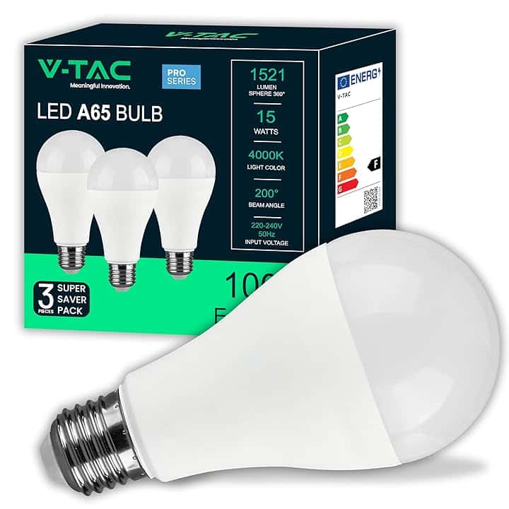 V-TAC 3x Lampadine LED 15W ad Alta Luminosità 1521 Lumen - E27 A65 - Lampadine Nuova Generazione - 4000K Luce Bianco Naturale - Equivalenti a 100W - Box da 3