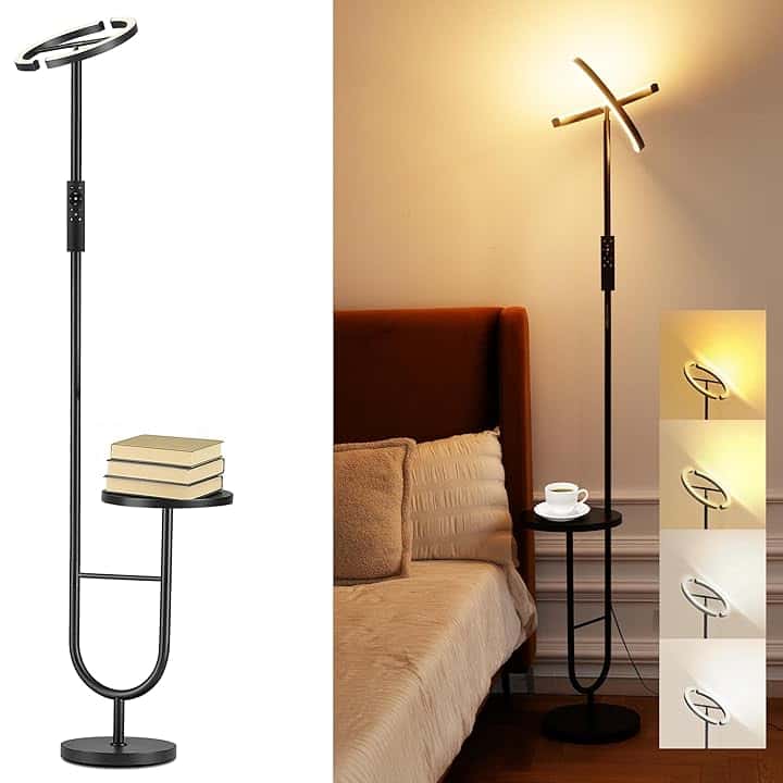 Lampada da Terra LED con Tavolino – 36 W dimmerabile con Telecomando e Touch, Testa Girevole 360°, 2700K-6500K, Lampada Moderna Nera per Soggiorno e Ufficio, 175 cm