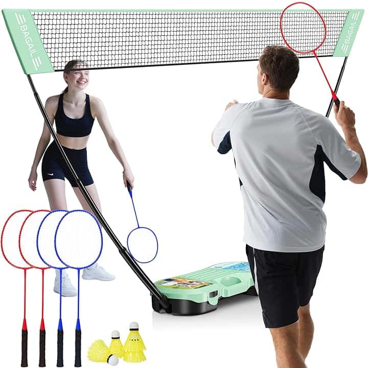 BAGAIL Set da Badminton Portatile - Borsa per riporre l'attrezzatura - Base autonoma - Installazione Rapida - Rete da Badminton con 4 Racchette e 4 volani per Giocare all'Interno e all'Esterno