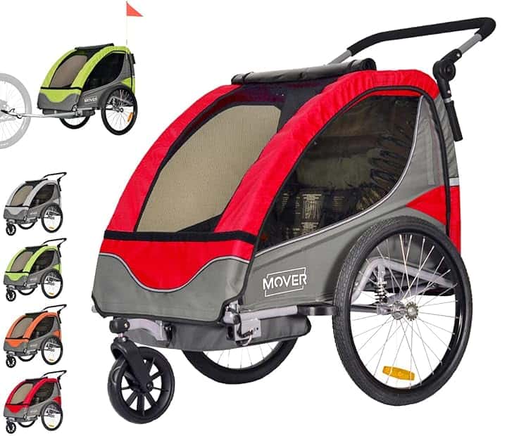 PAPILIOSHOP MOVER Rimorchio Bici per Bambini Passeggino. Anti Rovesciamento Barriera di protezione per le ruote finestre in PVC. 2 posti cintura di sicurezza a 5 punti porta oggetti sedile imbottito