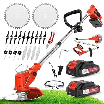 OUTIGO Tosaerba a batteria, Dotato di due batterie da 21 V, 4 lame, tosaerba triplo pieghevole, tosaerba da giardino a batteria per prati, arbusti e cespugli.