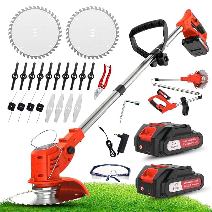 OUTIGO Tosaerba a batteria, Dotato di due batterie da 21 V, 4 lame, tosaerba triplo pieghevole, tosaerba da giardino a batteria per prati, arbusti e cespugli.