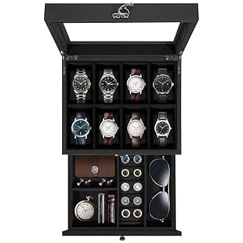 Uten Uten Scatola Porta Orologi a 8 Scomparti, 2 Livelli Porta Orologi Legno, Coperchio in Vetro, Cuscino di Seta, Fodera Nero, Idea Regalo, Catola Portagioielli per Orologi Uomo e Donna