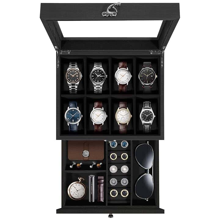 Uten Uten Scatola Porta Orologi a 8 Scomparti, 2 Livelli Porta Orologi Legno, Coperchio in Vetro, Cuscino di Seta, Fodera Nero, Idea Regalo, Catola Portagioielli per Orologi Uomo e Donna