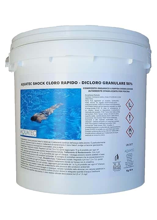 AQUATEC PLUS kg 10 Cloro per piscina rapido dicloro granulare 56% a Rapida Dissoluzione per Trattamento Shock e Mantenimento Acqua di Piscina