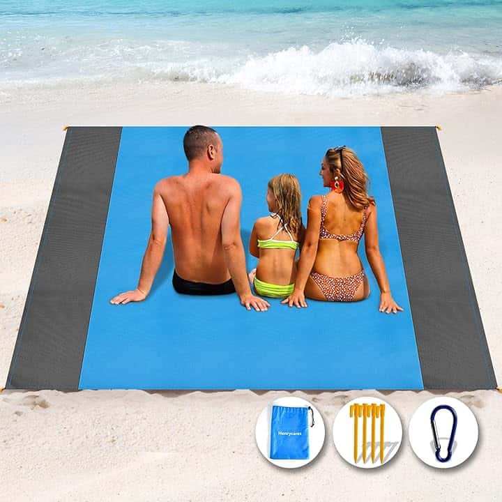 Coperta da Spiaggia 250 x 200 cm Impermeabile, Tappetino da Spiaggia Stuoia Spiaggia Antisabbia, Grande Telo Spiaggia per 5-8 Persone Campeggio, Escursionismo, Picnic (Blu)
