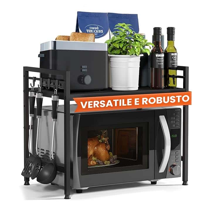 Mensola MobileCucina Salvaspazio Acciaio (2 Ripiani) | Organizer Forno Mobiletto Scaffali | Supporto Microonde Regolabile + Video Guida, Ganci – Nero