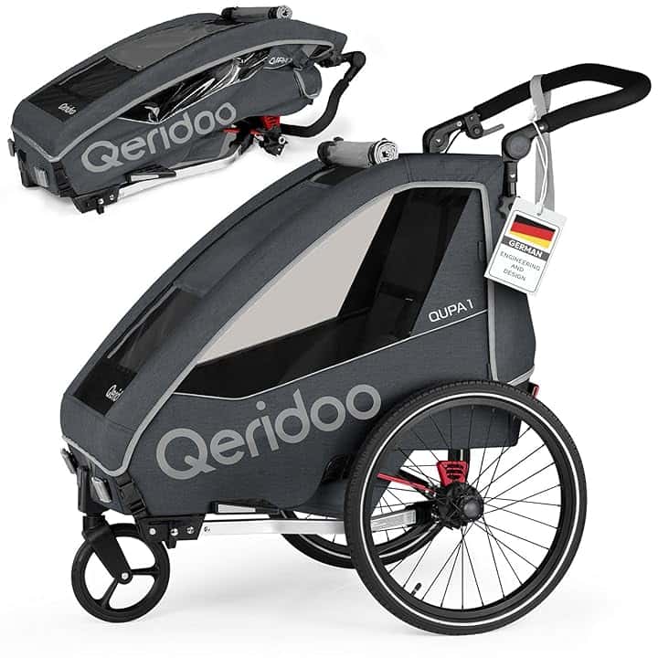 Rimorchi per bicicletta marca QERIDOO. Modello Kinderfahrradanhänger & Buggy QUPA 1 für 1 Kind mit Kupplung, Blattfeder-Dämpfsystem (bis 50 kg) - Grigio