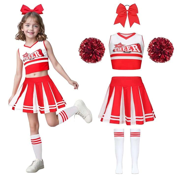 Wuzfully Costume da cheerleader per bambine con pompon e fascia per capelli Uniforme da cheerleader Carnevale Compleanno Halloween Cosplay Feste, 3-15 anni