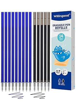 Refill per Penna Gel Cancellabile,compatibili con Legami [9 blu e 5 nero, confezione da 14 pezzi] Altezza 13 cm, Inchiostro Termosensibile, Punta 0,7 mm, Particolarmente adatto per la scuola