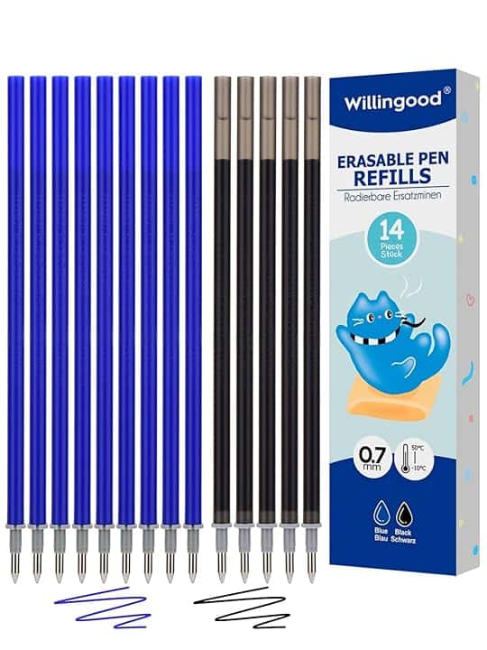 Refill per Penna Gel Cancellabile,compatibili con Legami [9 blu e 5 nero, confezione da 14 pezzi] Altezza 13 cm, Inchiostro Termosensibile, Punta 0,7 mm, Particolarmente adatto per la scuola