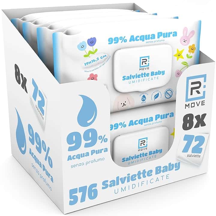 R MOVE 576 salviette neonato umidificate Acqua Pura 99%, 8 confezioni da 72 salviettine bambini Water, Coperchio Salvafreschezza, Idratanti, igienizzanti e rinfrescanti, mani e corpo (Acqua Pura)