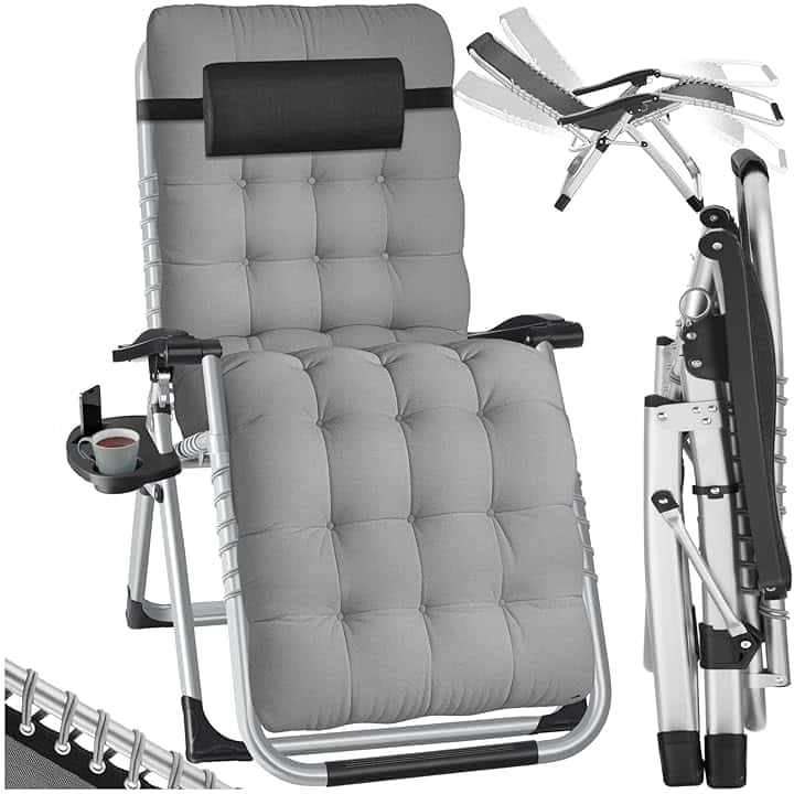 tectake® Sdraio da Giardino, Sdraio Lettino Prendisole Richiudibile, Sdraio Mare con Cuscino Poggiatesta, Tessuto Traspirante, Schienale con Regolazione Continua, Ripiano Portaoggetti - Grigio Chiaro