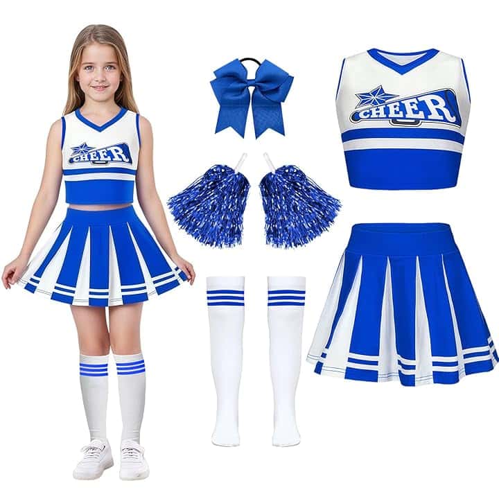 Luckyou Vestito Cheerleader Bambina Costume da Cheerleader Ragazze con Pompoms Calze Vestito Carnevale Bambina per Halloween Giornata Sportiva
