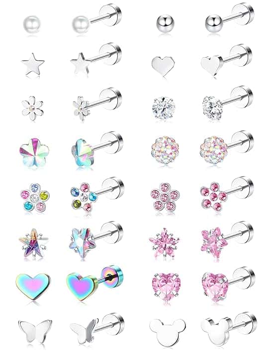YADOCA 16 Paia Orecchini per Ragazze Bambini Acciaio Inossidabile 316L Ipoallergenico Perla Sfera Cuore Fiore Vite Retro Piatto Orecchini a Bottone Gioielli Regalo Donna Multicolore Rosa