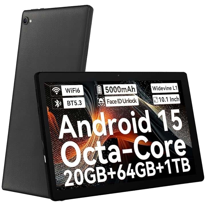 Tablet 10 pollici Android 15 Tablet con Octa-Core, 20GB+64GB+1TB Espansione, 1280 * 800 HD IPS Touchscreen, tablet Android con WiFi 6 BT5.3, Face ID, Doppia Fotocamera 5MP+8MP, Widevine L1
