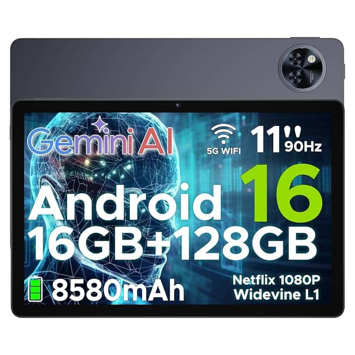 DOOGEE U11 Tablet Android 16, Tablet 11 Pollici, 16GB RAM + 128GB ROM/2TB TF, 8580Amh, 7.9mm Thin, T7200 Octa-core, 90Hz 13MP, Gemini AI, Support Face Unlock/GPS/Grigio