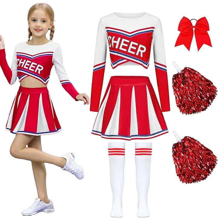 Luckyou Costume Cheerleader Bambina Vestito Cheerleader per Ragazze con Pompoms Calze per Carnevale Halloween Giornata Sportiva