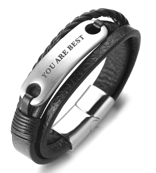 HALUKAKAH Bambini ● You Are Best ● Bracciale Ragazzo Maschio in Vera Pelle Cuoio Nero 6-12 Anni Titanio Acciaio Chiusura Magnetica in Argento 7"(18cm) con Pacco Regalo Gratuita