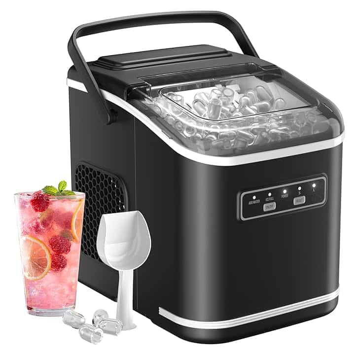 Macchina Ghiaccio 12kg/24h, Autopulente Macchina per il Ghiaccio Casa 1,5L, Silenzioso, 9 Cubetti in 6 Minuti, Ice Maker con Maniglia/Paletta/Cestello, Nero