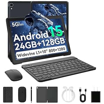 Android 15 Tablet 10 Pollici, 24GB RAM+128GB ROM, Octa Core 2.0GHz /WiFi 6+2.4G/GMS/5000mAh/Bluetooth 5.2/Widevine L1/8MP+5MP/Tablet 2 in 1 con Tastiera, Mouse, Cuffie, Penna e Custodia