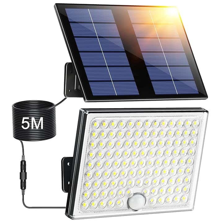 Faretto Led da Esterno Solare con Sensore di Movimento, Luce Solare Led Esterno con 113 LED 2000mAh 4 Modes IP65 Impermeabile, Luci Solari da Giardino con 5M Cavo, 1 Pezzo